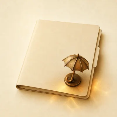 Illustration: claims folder with umbrella paperweight - insurance answering service