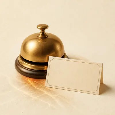 Illustration: brass service bell and reservation card - restaurant answering service